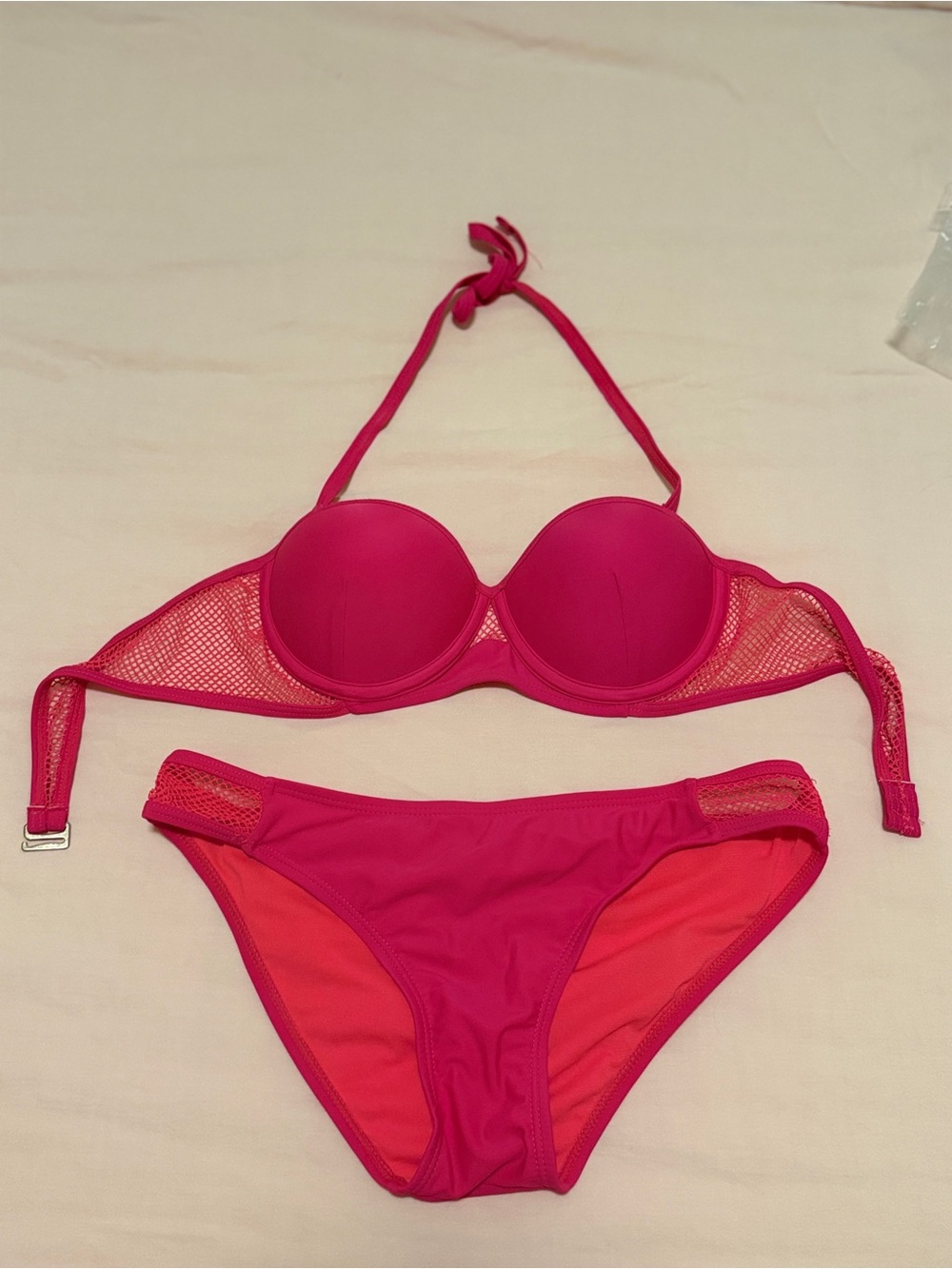 New Women’s Hot Pink Mesh Trim Bikini Set, Size S